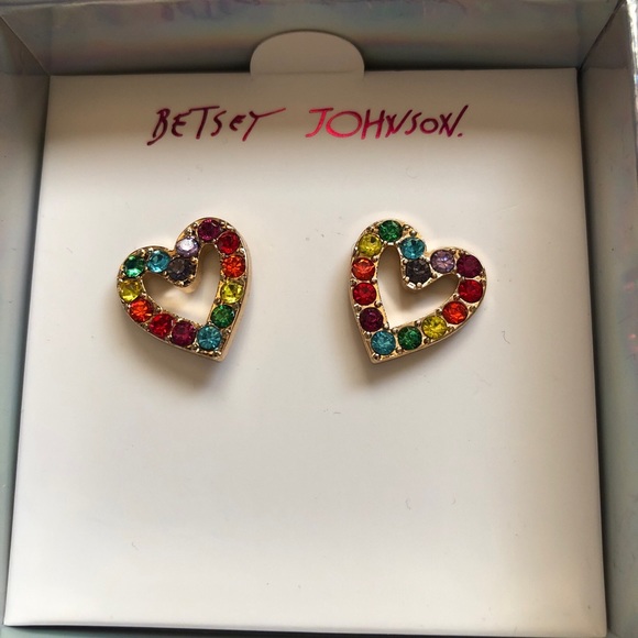 Betsey Johnson Gold Tone Open Frame Heart Stud Earrings Multicolored Crystal NIB - Picture 2 of 12
